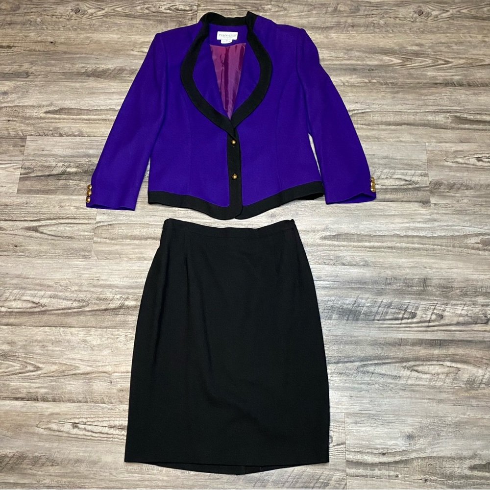 Vtg 80’s John Meyer Of Norwich Sz 16 Purple/ Black 2 Pc. Blazer/ Skirt Suit Set